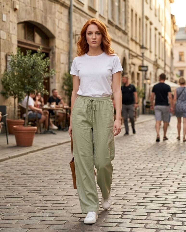 Su Yeşili Rahat Kesim İnce Beli Bağlamalı Kot Pantolon