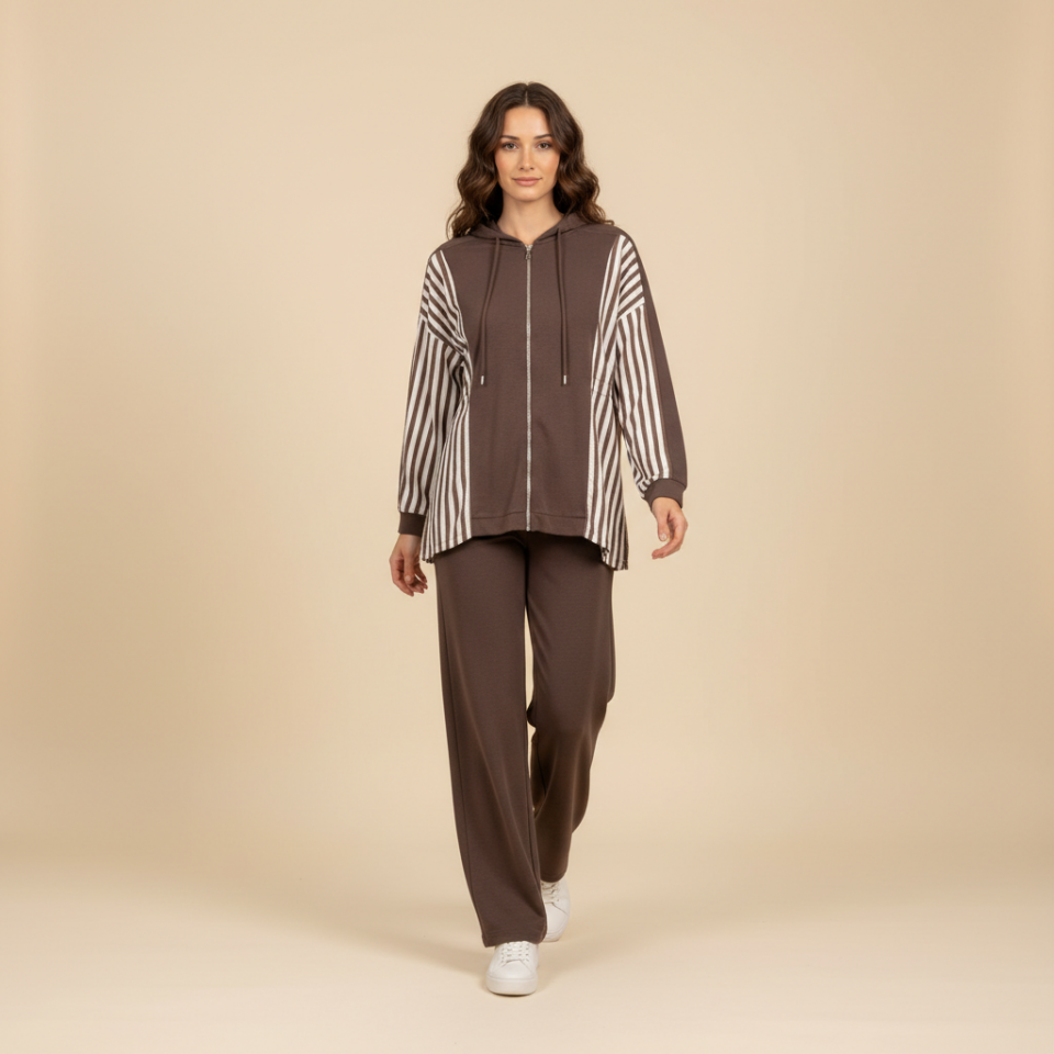 Kahverengi Şerit Detaylı Oversize Fermuarlı  Alt Üst Takım