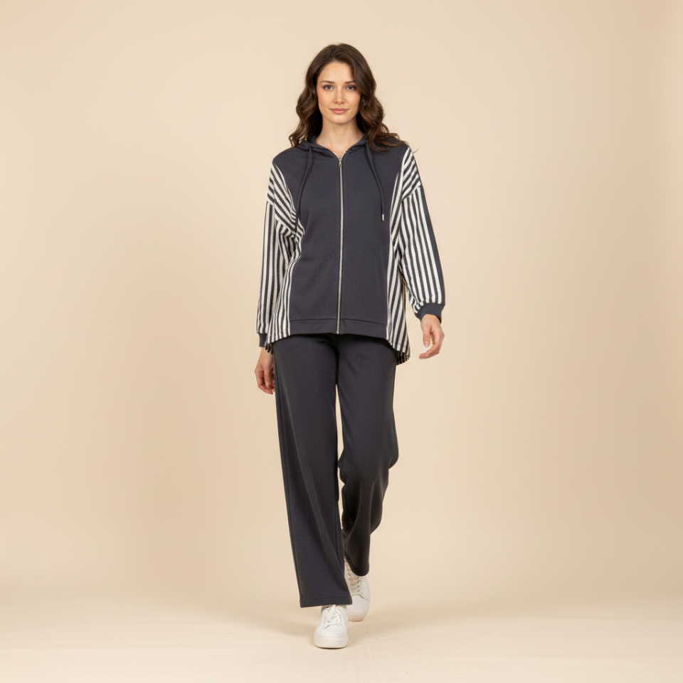 Lacivert Şerit Detaylı Oversize Fermuarlı  Alt Üst Takım
