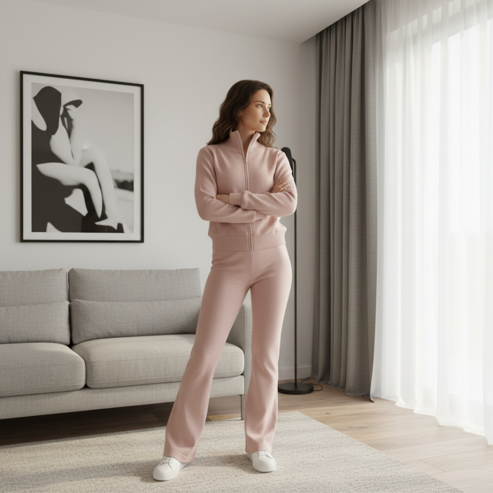 Pembe Melanj Fermuarlı Triko Sweat İkili Takım