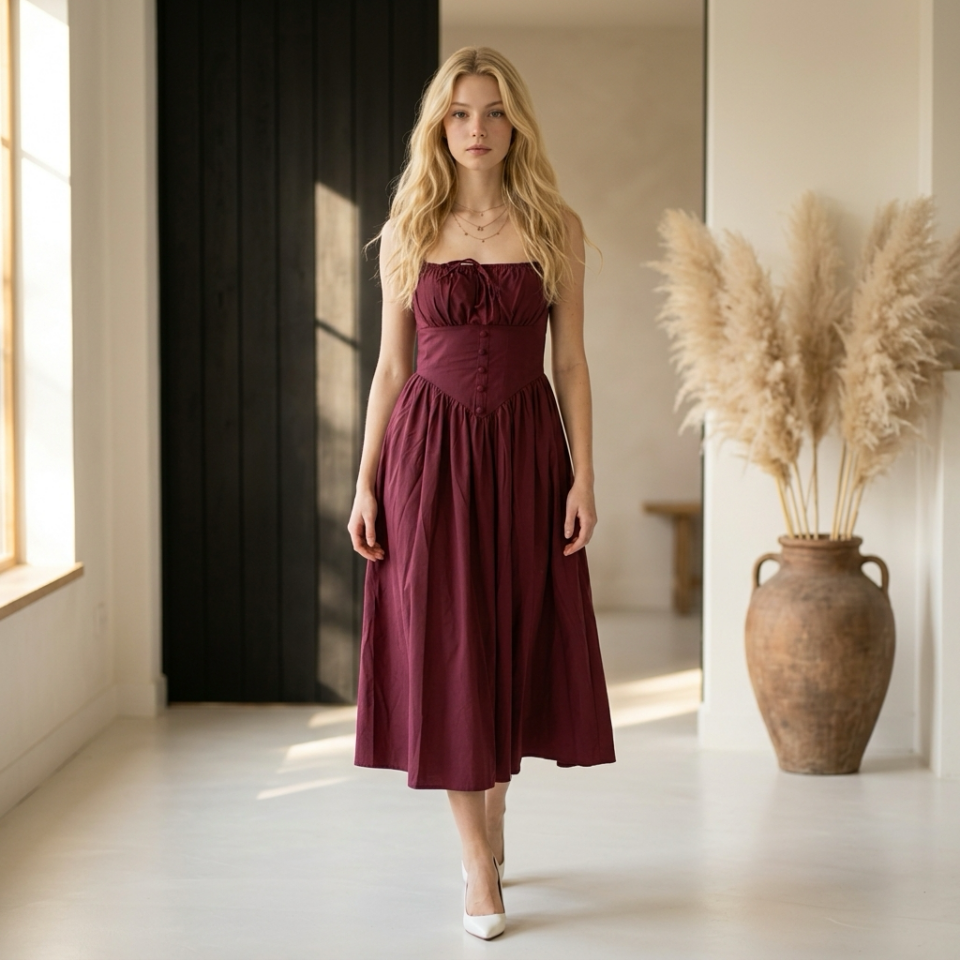 Bordo Korse Görünümlü Poplin Midi Elbise